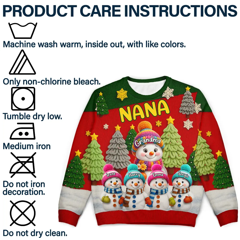 3D Effect Snowman Grandma Nana & Grandkids - Personalized Unisex Ugly Sweater - Image 6