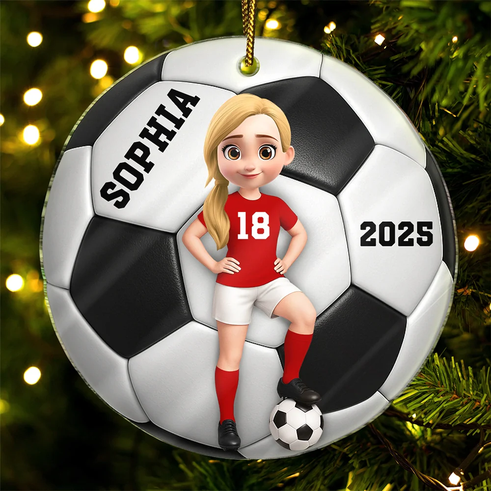 3D Effect Soccer Girl Boy - Personalized Custom Shaped Acrylic Ornament - Image 2