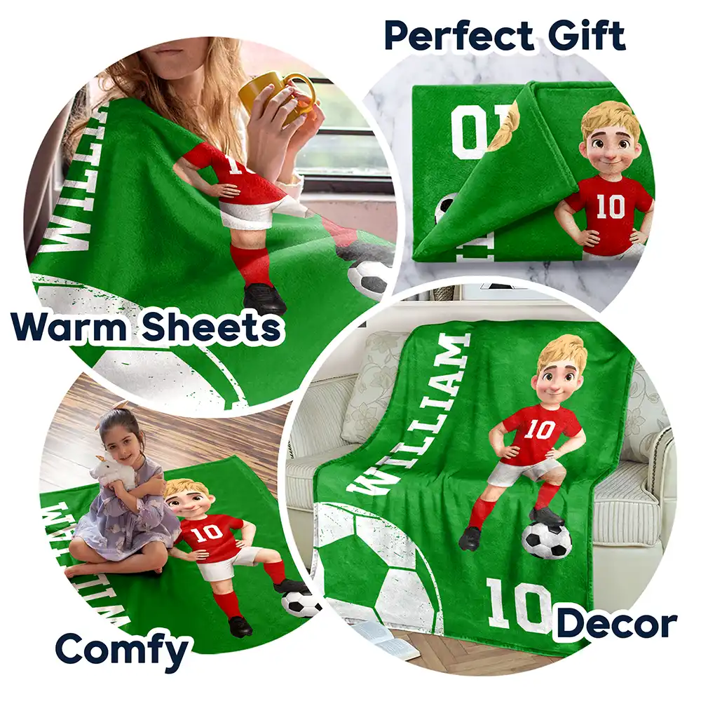 3D Effect Soccer Girl Boy - Personalized Fleece Blanket, Sherpa Blanket - Image 7