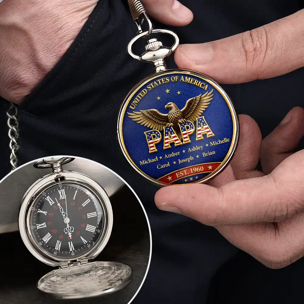 3D Effect Stars & Stripes Dad Grandpa And Kids Names - Personalized Pocket Watch - Image 4