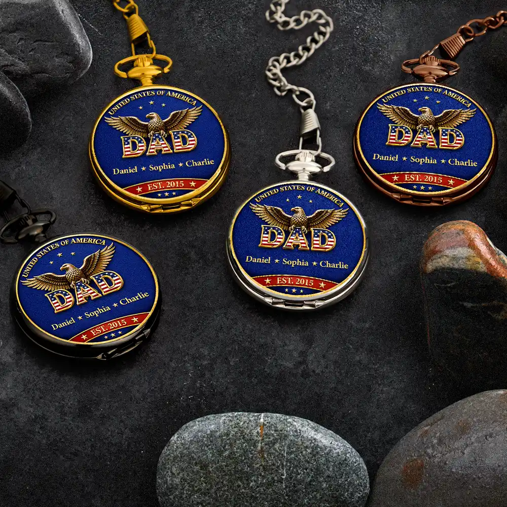 3D Effect Stars & Stripes Dad Grandpa And Kids Names - Personalized Pocket Watch - Image 5