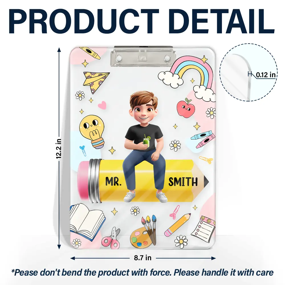 3D Effect Teacher Sitting On Pencil - Personalized Acrylic Clipboard - Image 5
