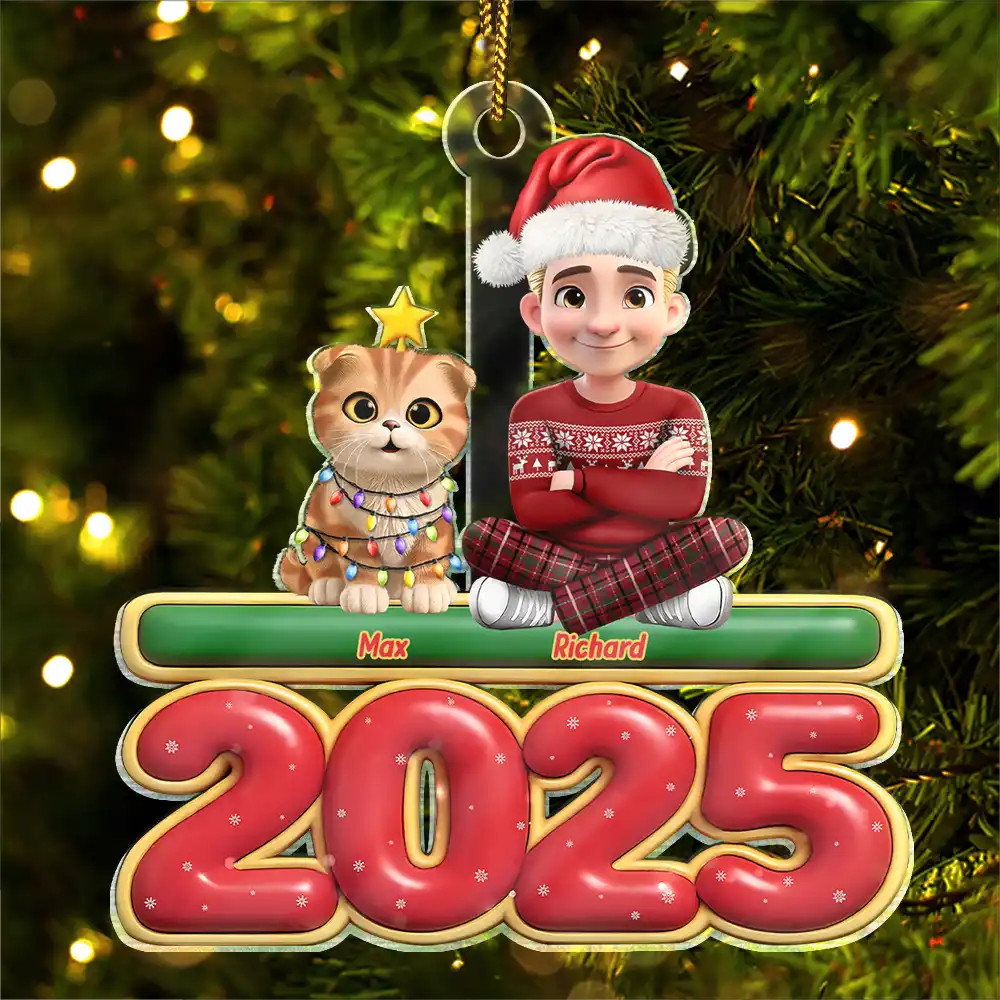 3D Effect Woman Man Sitting With Cats - Personalized Custom Shaped Acrylic Ornament