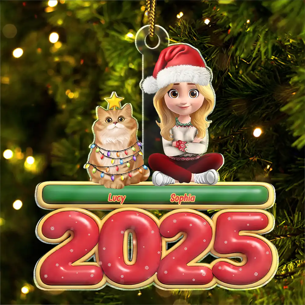 3D Effect Woman Man Sitting With Cats - Personalized Custom Shaped Acrylic Ornament - Image 2