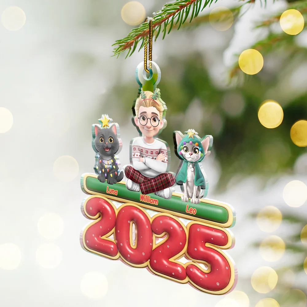 3D Effect Woman Man Sitting With Cats - Personalized Custom Shaped Acrylic Ornament - Image 3