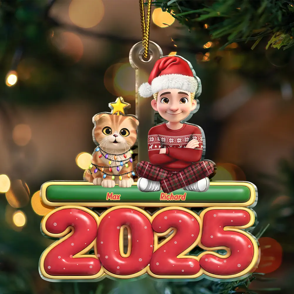 3D Effect Woman Man Sitting With Cats - Personalized Custom Shaped Acrylic Ornament - Image 4