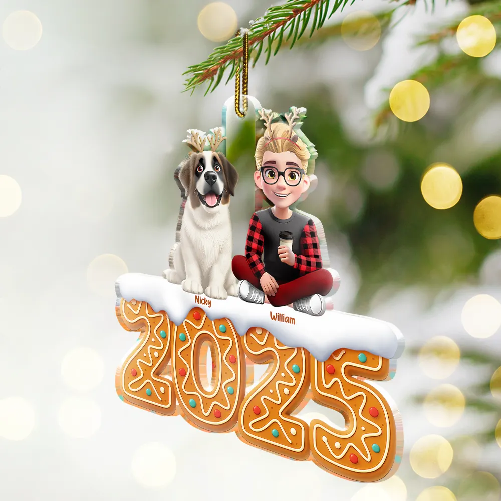 3D Effect Woman Man Sitting With Dog Cat Christmas Gingerbread - Personalized Custom Shaped Acrylic Ornament - Image 2