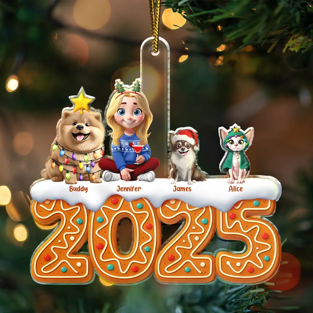 3D Effect Woman Man Sitting With Dog Cat Christmas Gingerbread - Personalized Custom Shaped Acrylic Ornament - Image 3