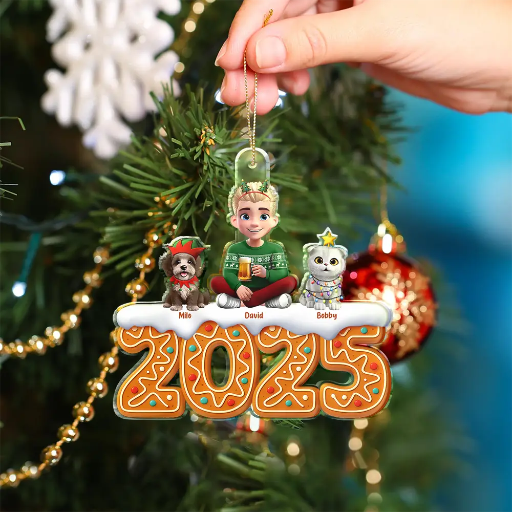 3D Effect Woman Man Sitting With Dog Cat Christmas Gingerbread - Personalized Custom Shaped Acrylic Ornament - Image 4