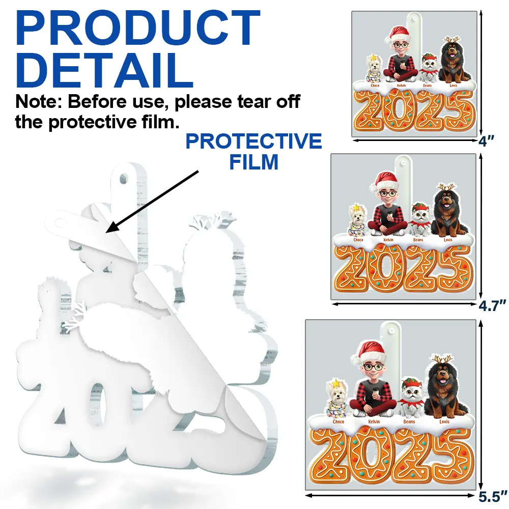 3D Effect Woman Man Sitting With Dog Cat Christmas Gingerbread - Personalized Custom Shaped Acrylic Ornament - Image 6