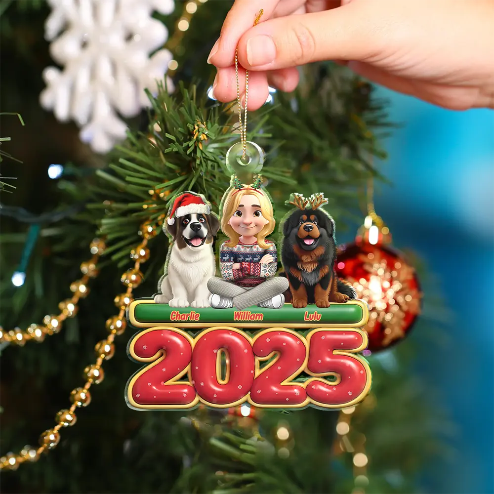 3D Effect Woman Man With Dogs Christmas - Personalized Custom Shaped Acrylic Ornament - Image 5