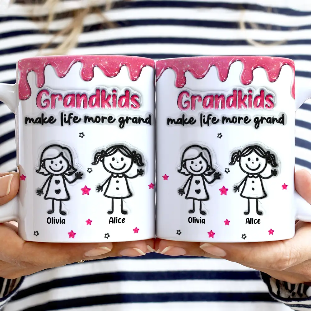 3D Inflated Effect Stick Figure Grandkids Make Life More Grand - Personalized White Edge-to-Edge Mug - Image 2