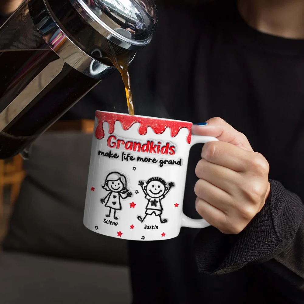 3D Inflated Effect Stick Figure Grandkids Make Life More Grand - Personalized White Edge-to-Edge Mug - Image 4