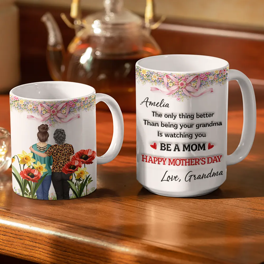3D Inflated Effect Watching You Be A Mom Mom Daughter - Personalized White Edge-to-Edge Mug - Image 3