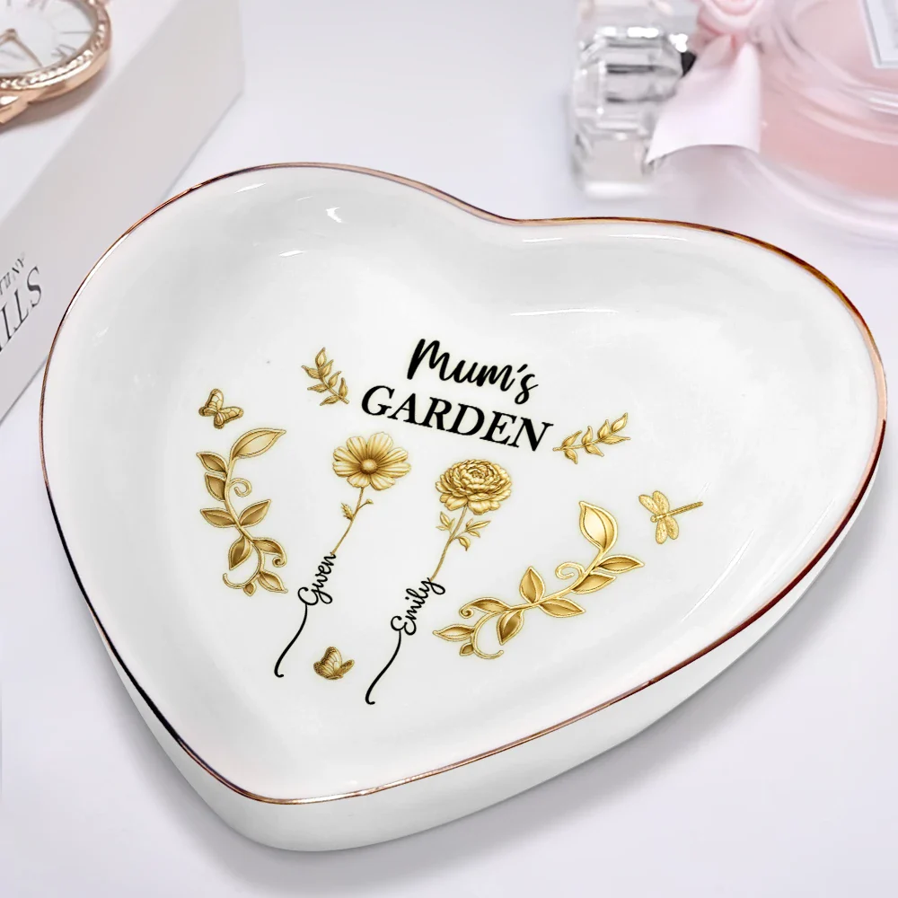 3D Metal Effect Birth Month Flowers Grandmas Moms Garden - Personalized Heart Ring Dish - Image 2