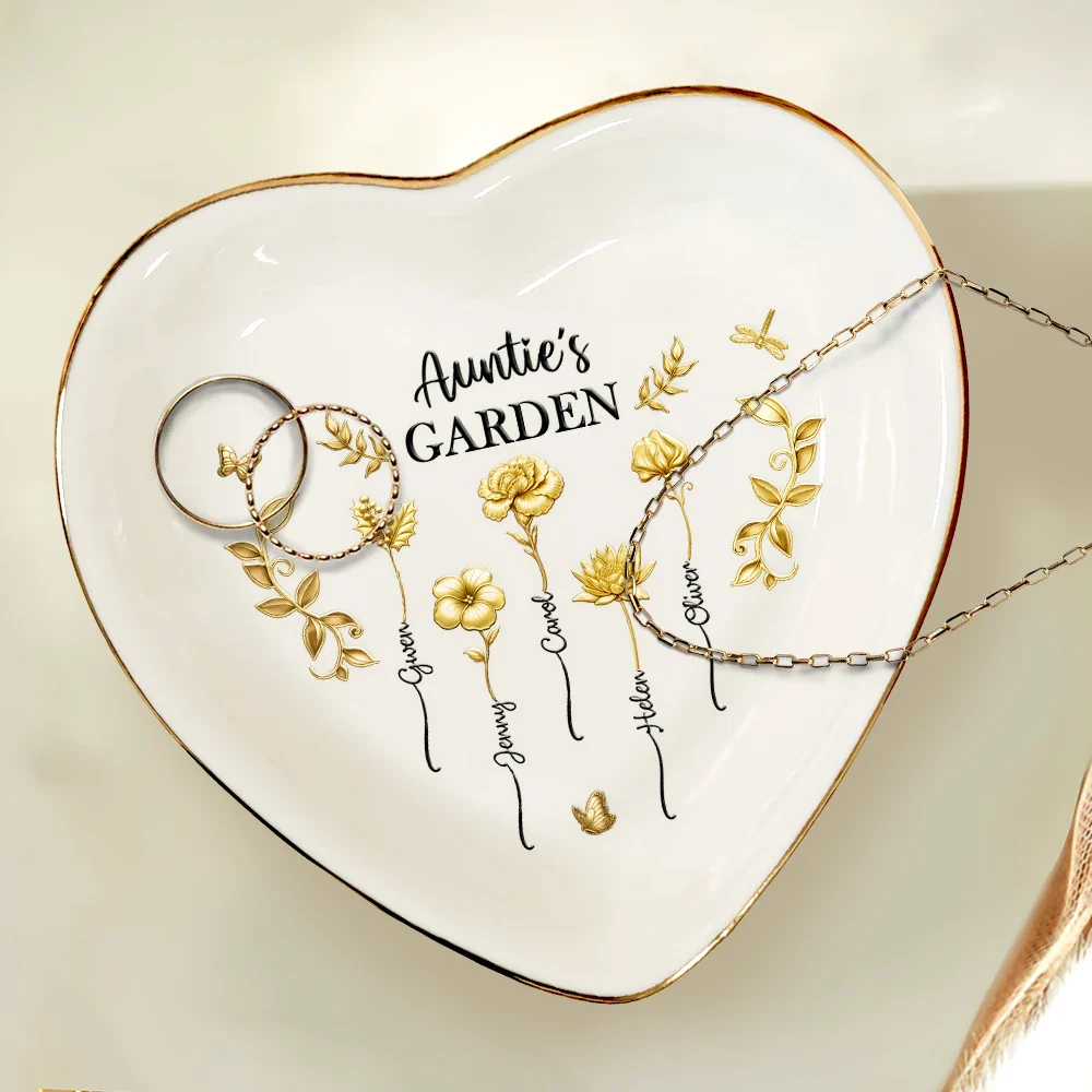 3D Metal Effect Birth Month Flowers Grandmas Moms Garden - Personalized Heart Ring Dish - Image 4