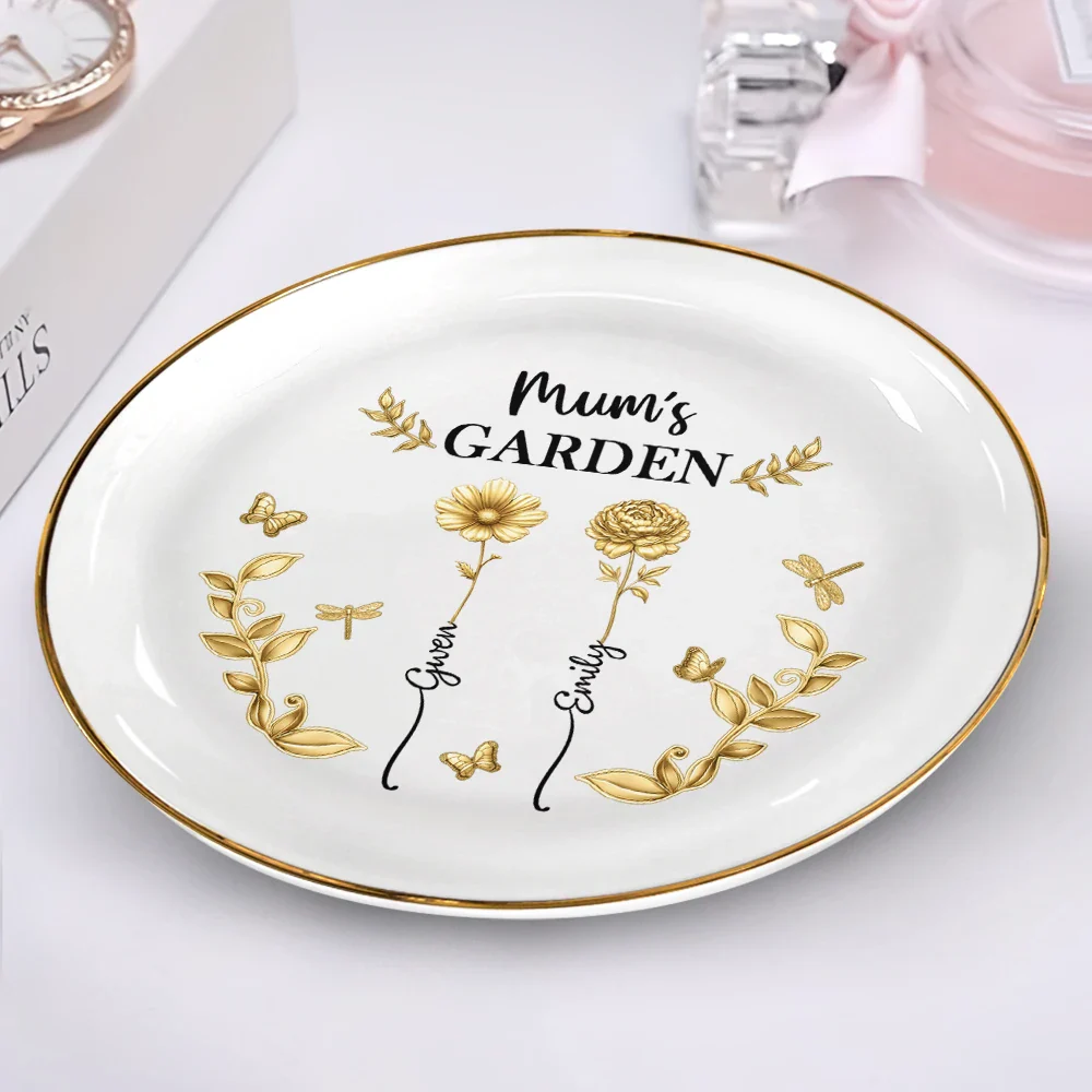 3D Metal Effect Birth Month Flowers Grandmas Moms Garden - Personalized Round Ring Dish - Image 2