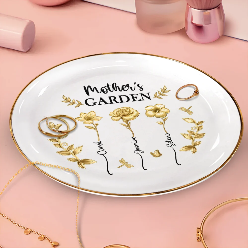 3D Metal Effect Birth Month Flowers Grandmas Moms Garden - Personalized Round Ring Dish - Image 3