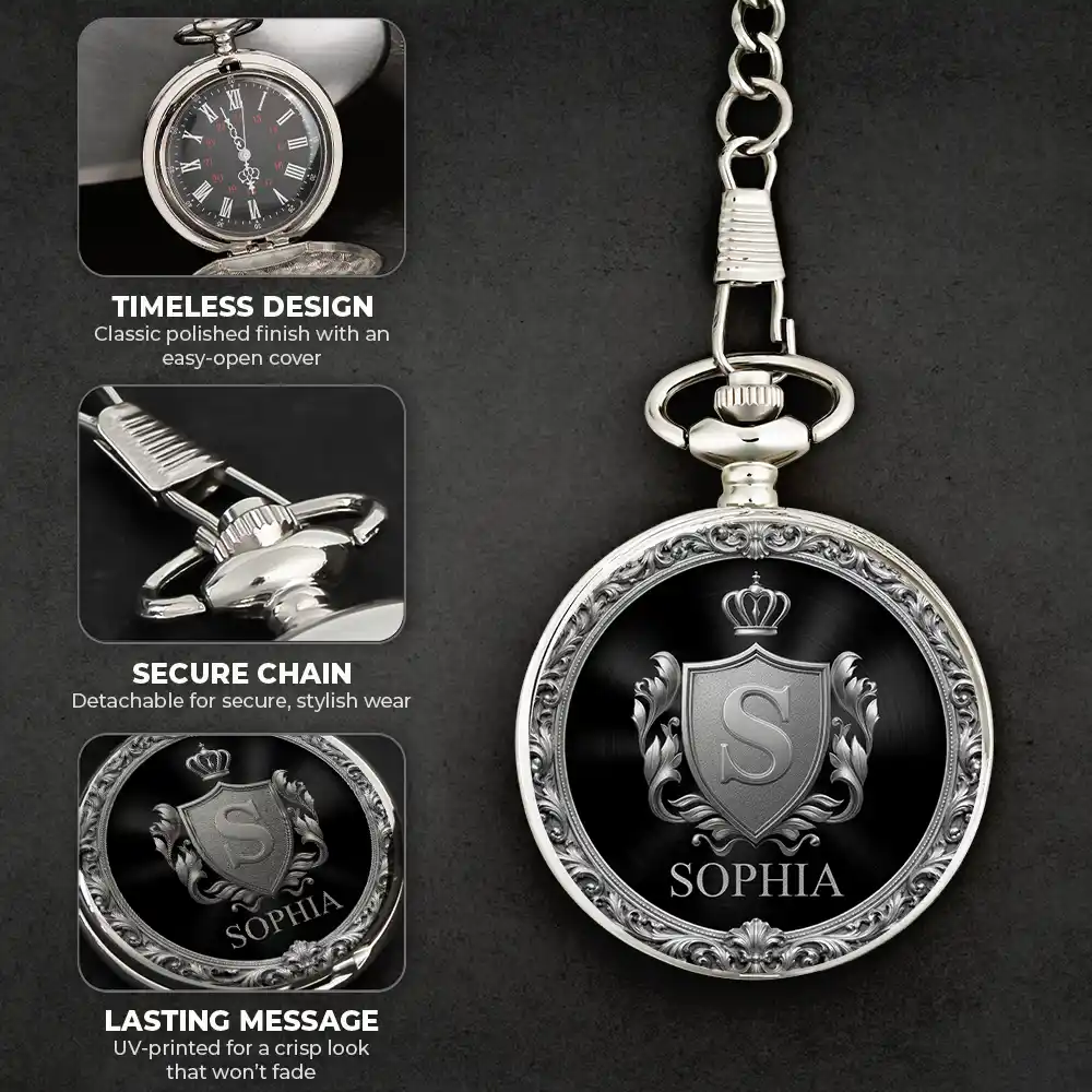 3D Metal Effect Gold Silver Monogram - Personalized Pocket Watch - Image 6