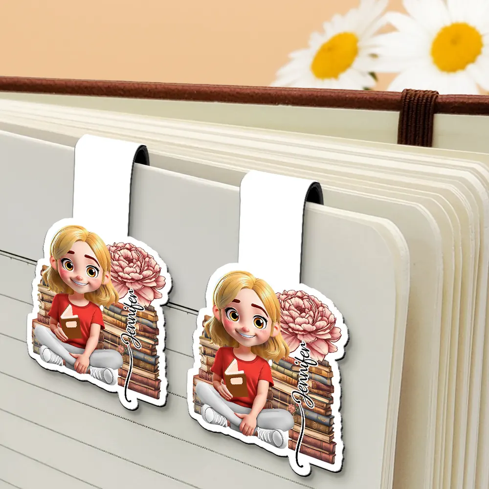 3D Reading Girl With Birth Month Flower - Personalized Custom Shaped Magnetic Bookmark Clip - Image 4