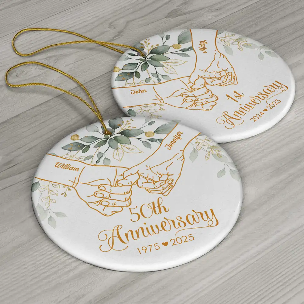 50th Anniversary Forever Holding Hands - Personalized Circle Ceramic Ornament - Image 6
