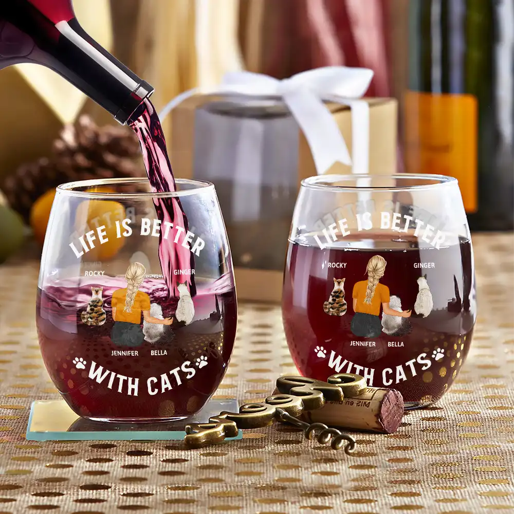 A Bond That Can't Be Broken Cat Mom Cat Dad - Personalized Stemless Wine Glass - Image 3