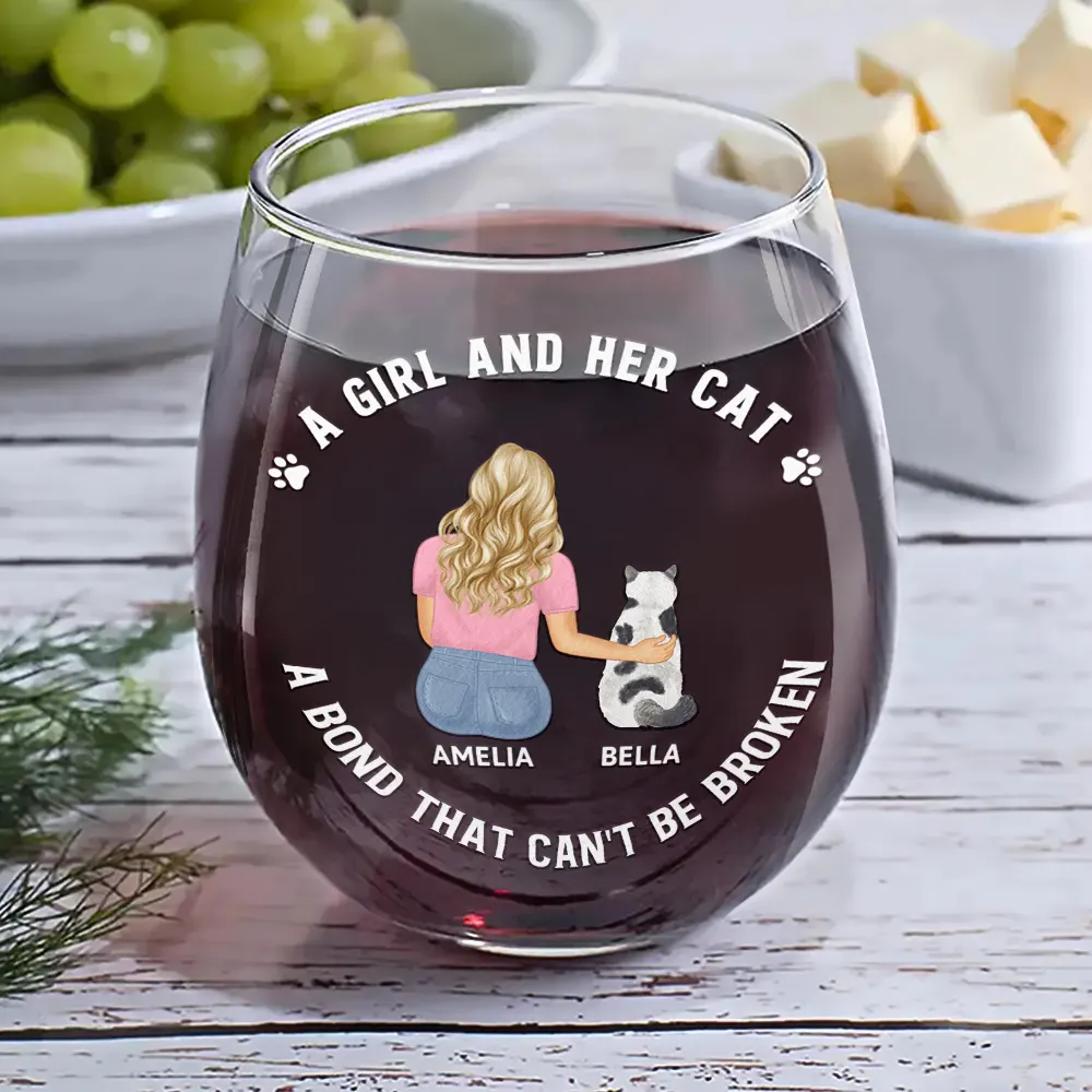 A Bond That Can't Be Broken Cat Mom Cat Dad - Personalized Stemless Wine Glass - Image 6