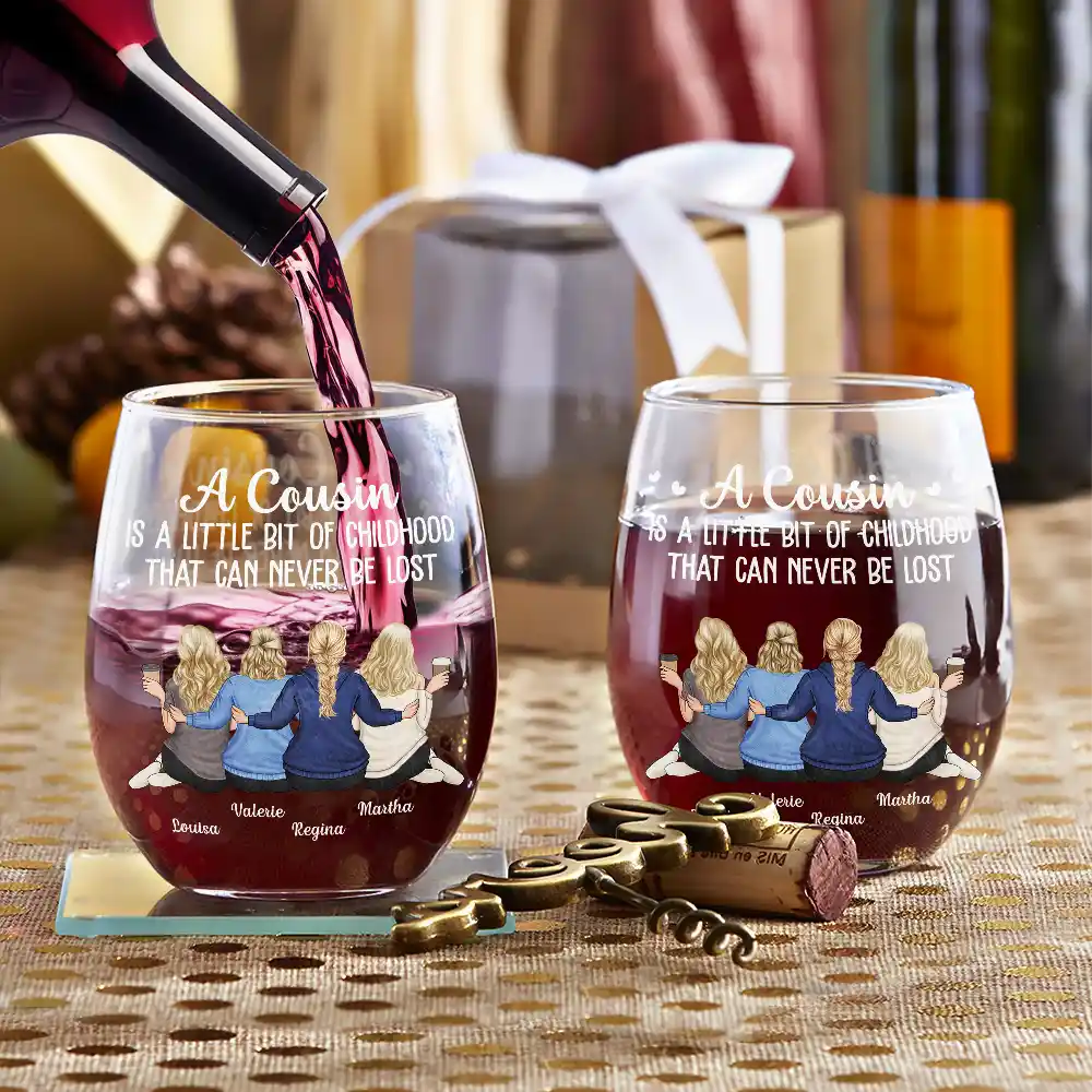A Cousin Is A Little Bit Of Childhood - Personalized Stemless Wine Glass - Image 3