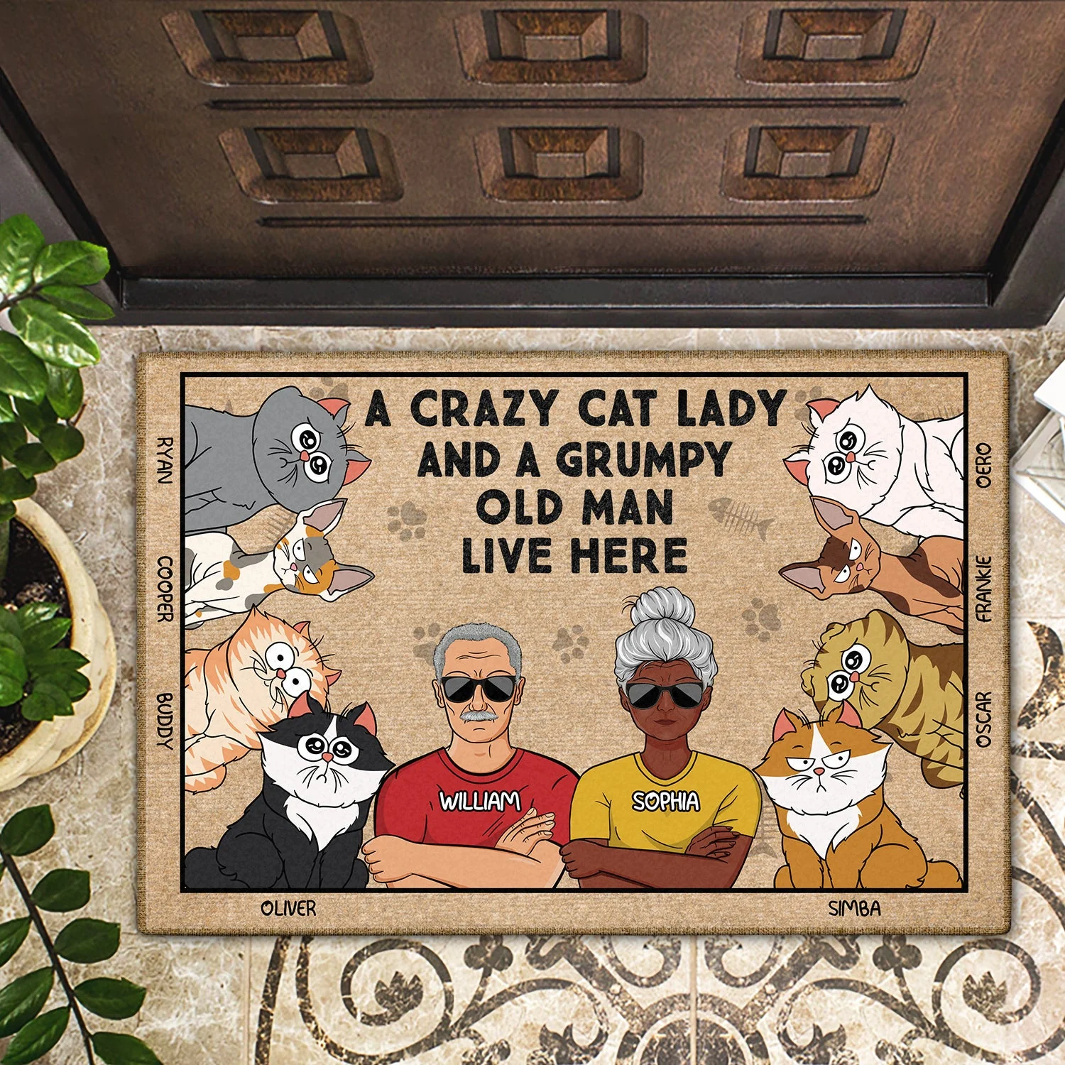 A Crazy Cat Lady And A Grumpy Old Man Live Here Funny Cartoon Cat - Gift For Cat Lovers, Couples - Personalized Doormat - Image 2