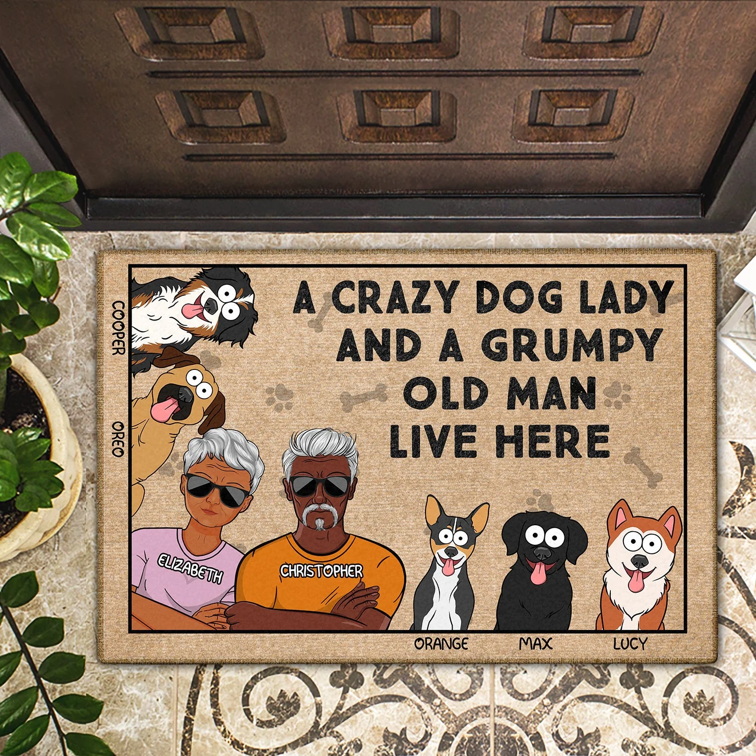 A Crazy Dog Lady And A Grumpy Old Man Live Here Funny Cartoon Dog - Gift For Dog Lovers, Couples - Personalized Doormat - Image 2