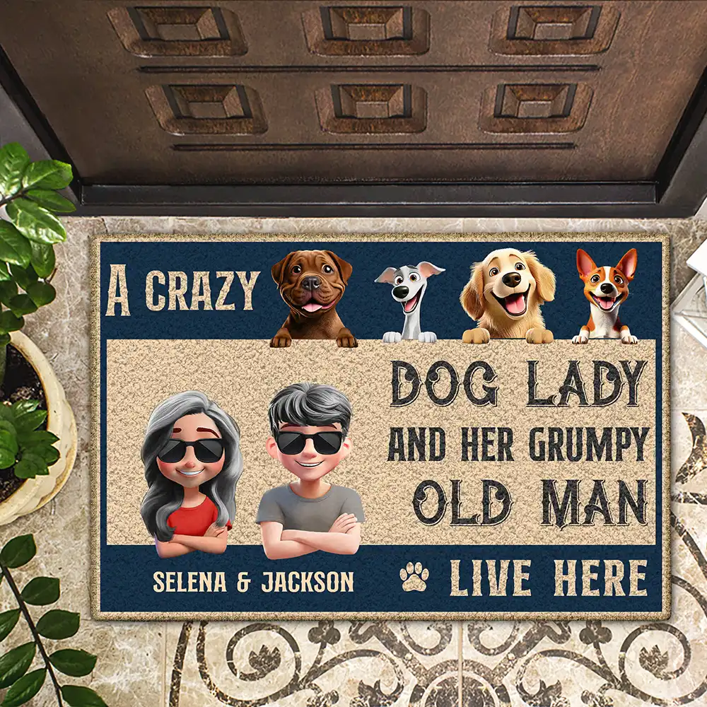 A Crazy Dog Lady And Her Grumpy Old Man Live Here 3D Pet Couple - Personalized Doormat - Image 2