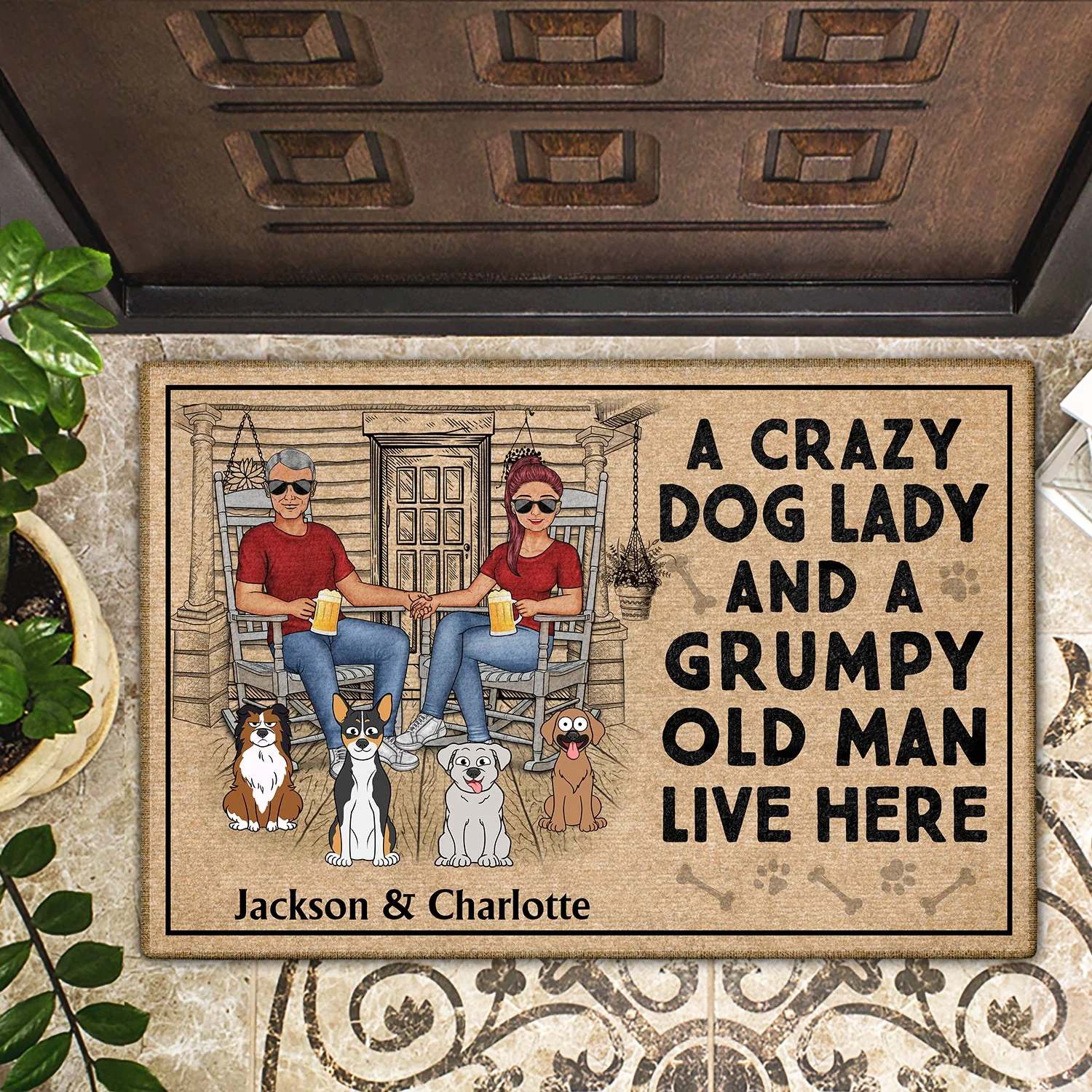 A Crazy Dog Lady And Her Grumpy Old Man Live Here - Home Decor For Couples, Pet Lovers - Personalized Doormat - Image 2