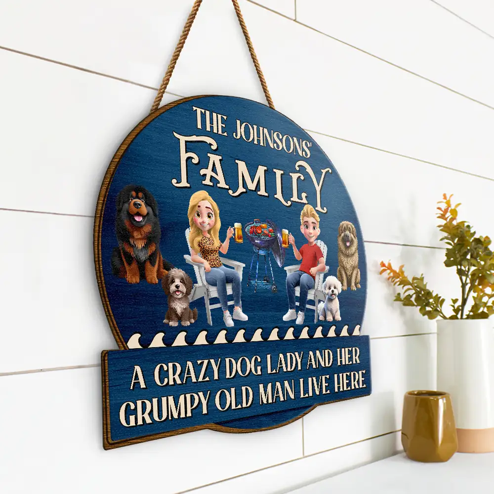 A Crazy Dog Lady & Her Grumpy Old Man Dog Couple - Personalized Custom Shaped Wood Sign - Image 2