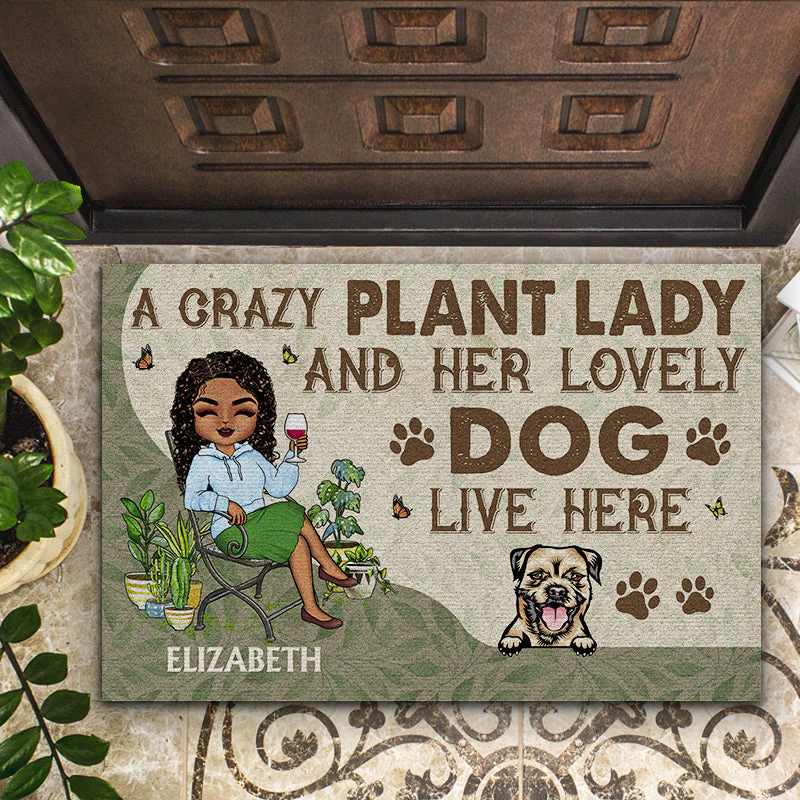 A Crazy Plant Lady And Her Lovely Dogs Live Here - Gift For Gardening Lovers - Personalized Custom Doormat - Image 2