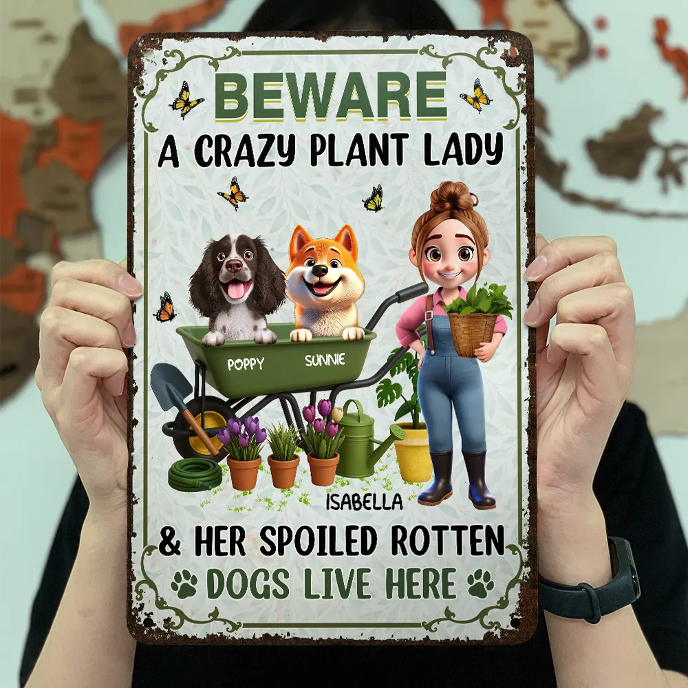 A Crazy Plant Lady & Her Spoiled Rotten Dogs 3D Effect - Personalized Classic Metal Signs - Image 3