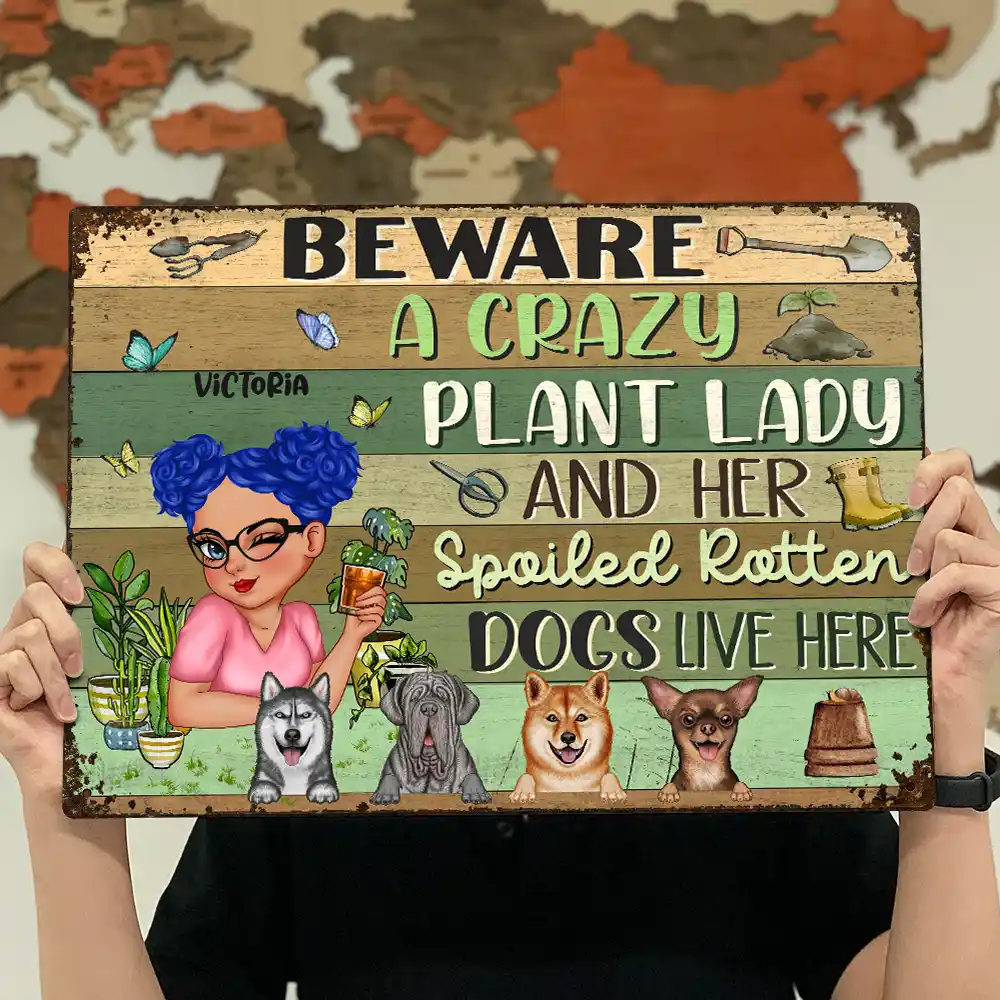 A Crazy Plant Lady & Her Spoiled Rotten Dogs Live Here - Personalized Classic Metal Signs - Image 4