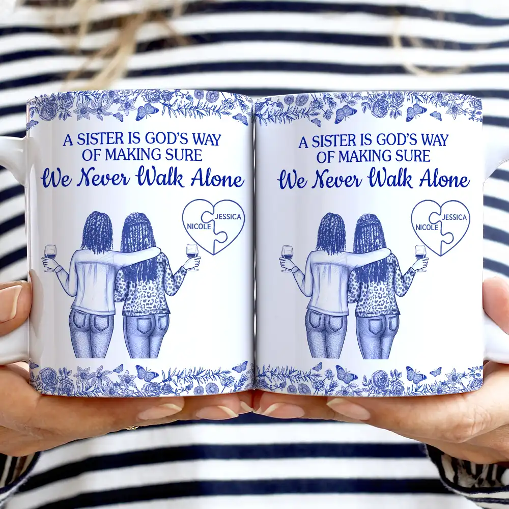 A Friend Is God's Way Of Making Sure We Never Walk Alone Toile - Personalized White Edge-to-Edge Mug - Image 2