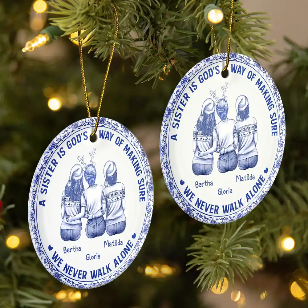A Friend Is God's Way Toile Besties - Personalized Circle Ceramic Ornament - Image 2