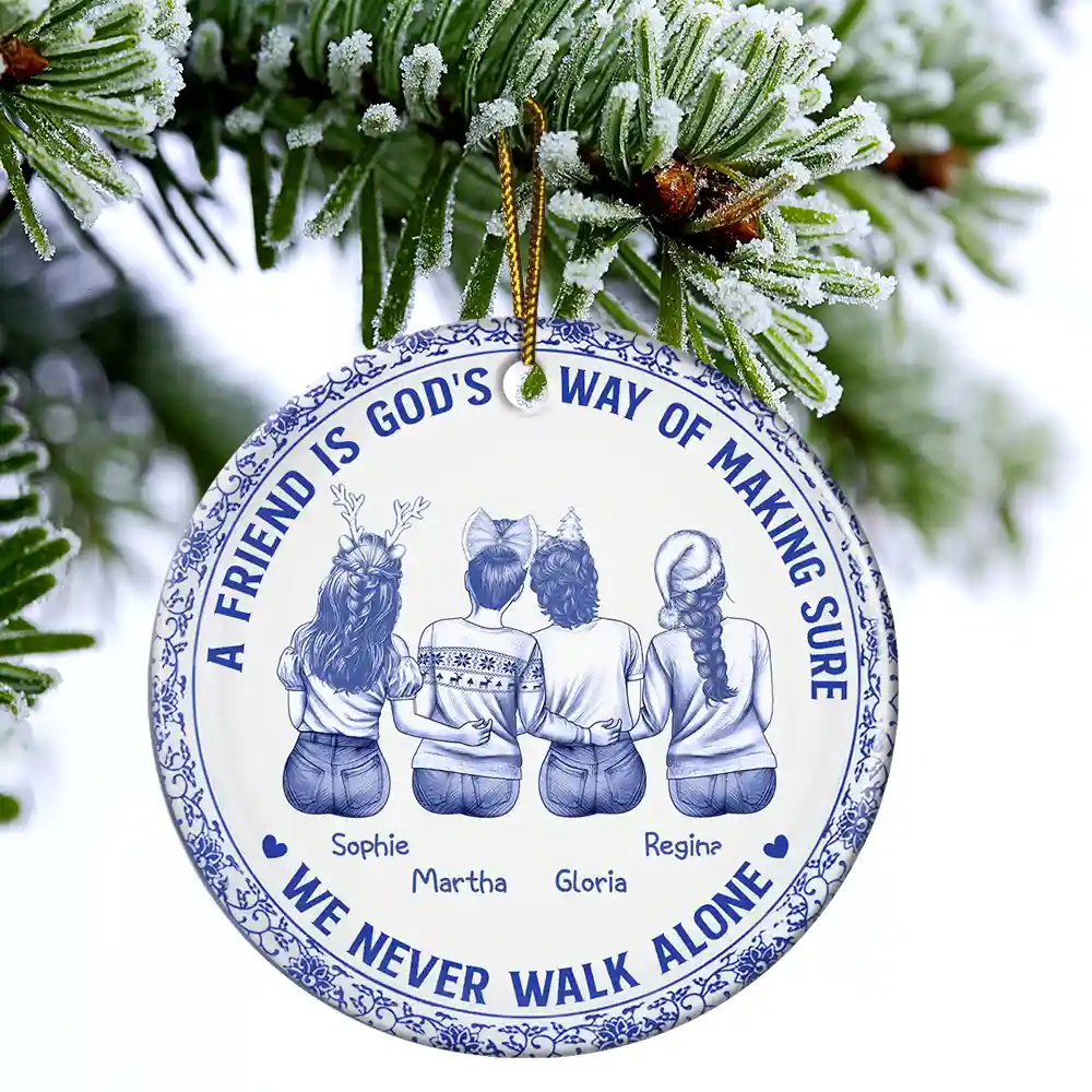A Friend Is God's Way Toile Besties - Personalized Circle Ceramic Ornament - Image 4