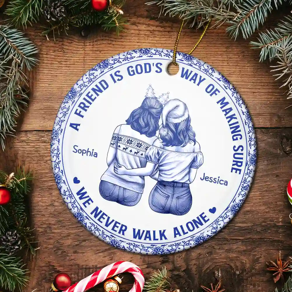 A Friend Is God's Way Toile Besties - Personalized Circle Ceramic Ornament - Image 5