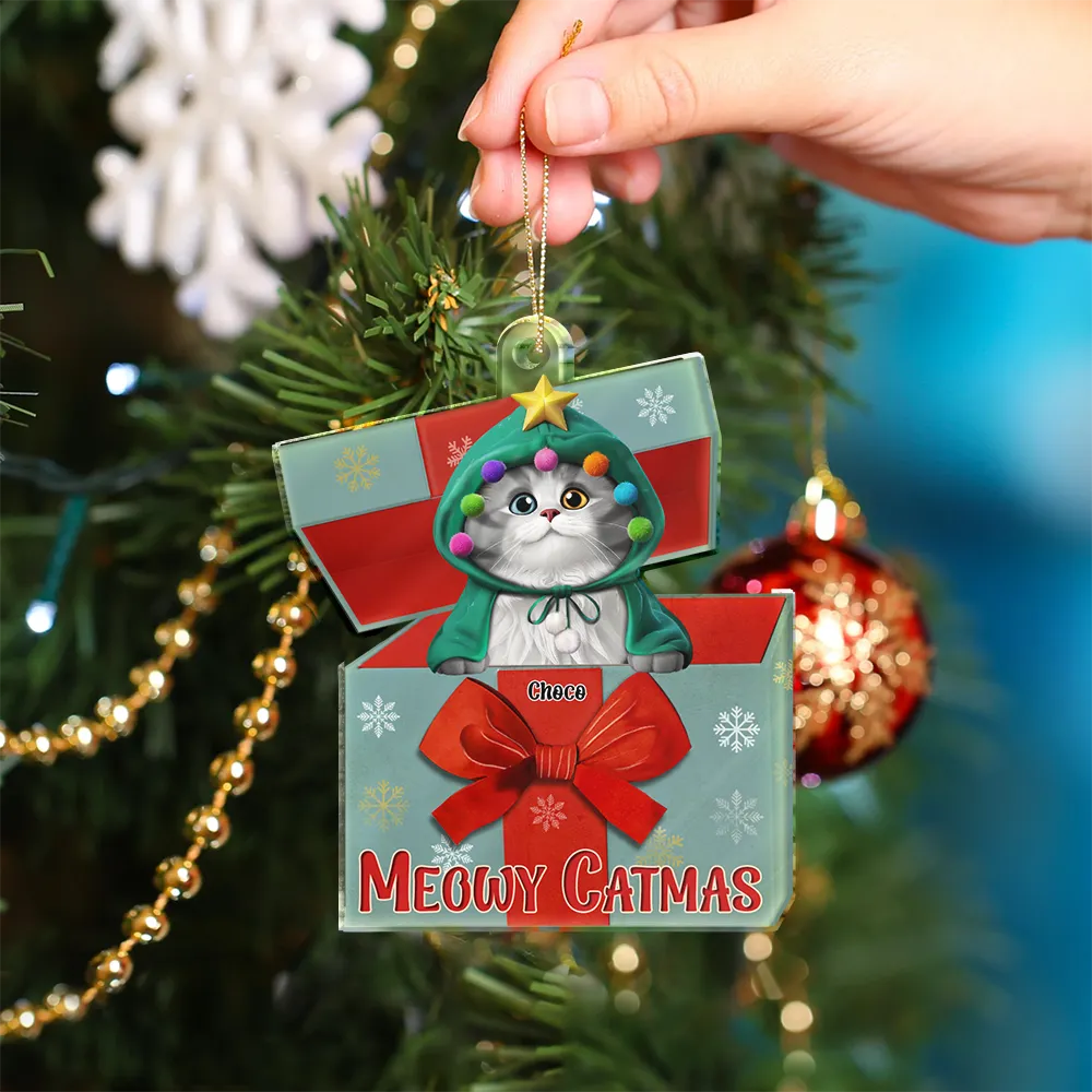 A Gift Box Of Cat 3D Effect Cats Meowy Catmas - Personalized Custom Shaped Acrylic Ornament - Image 4