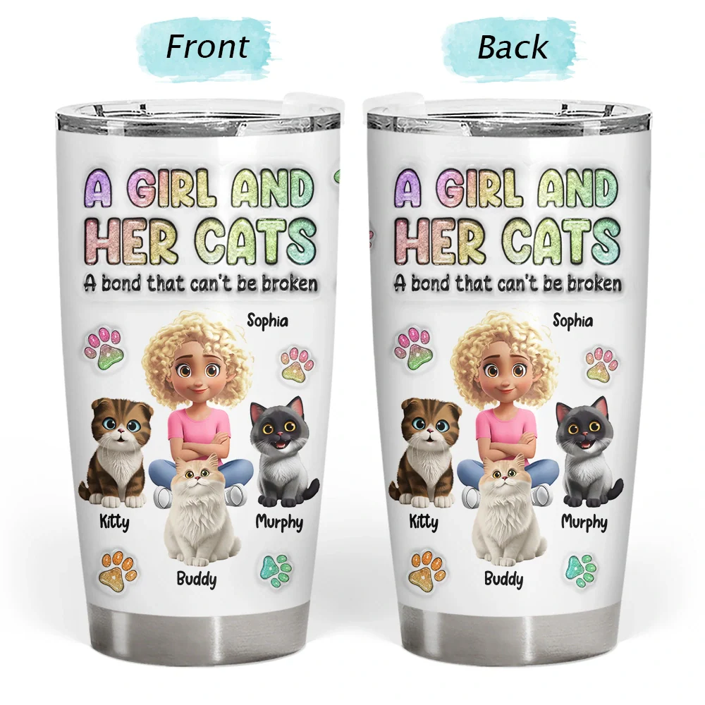 A Girl And Her Cat - 3D Inflated Effect Printed Tumbler, Personalized Tumbler - Image 3
