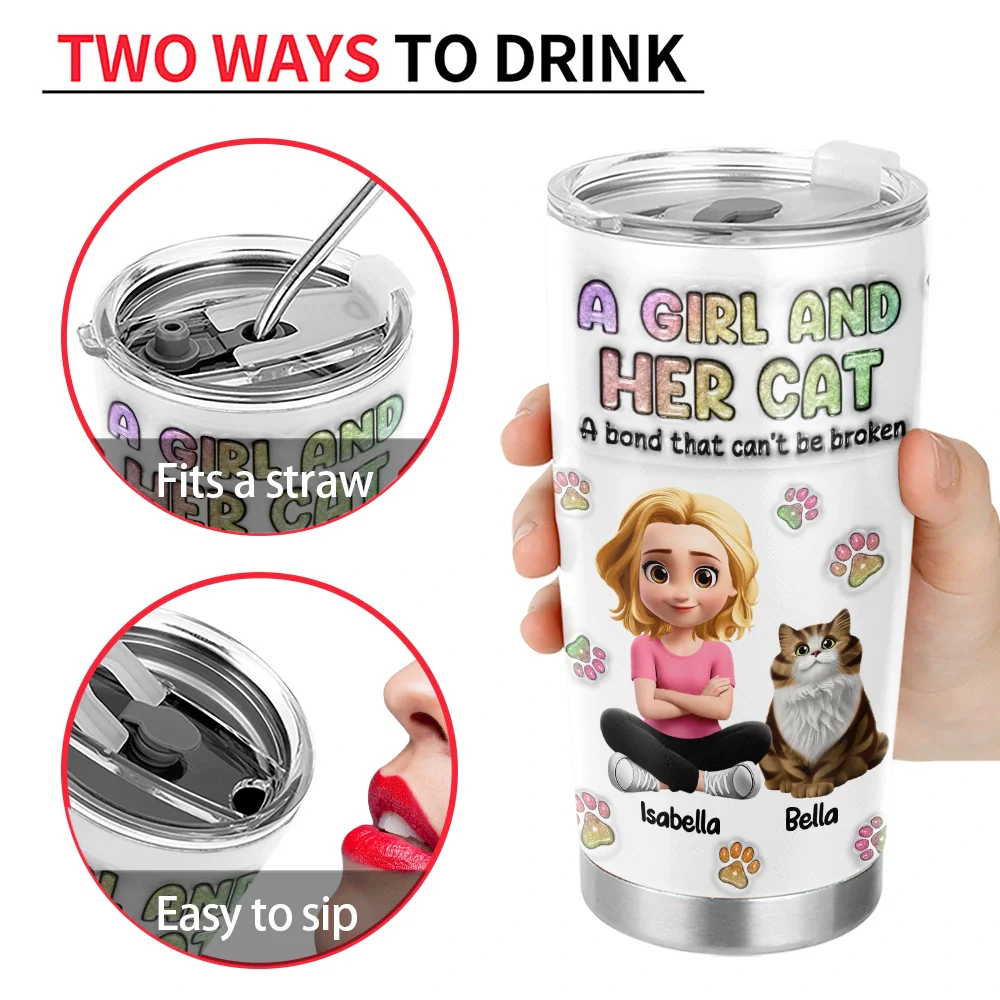 A Girl And Her Cat - 3D Inflated Effect Printed Tumbler, Personalized Tumbler - Image 4