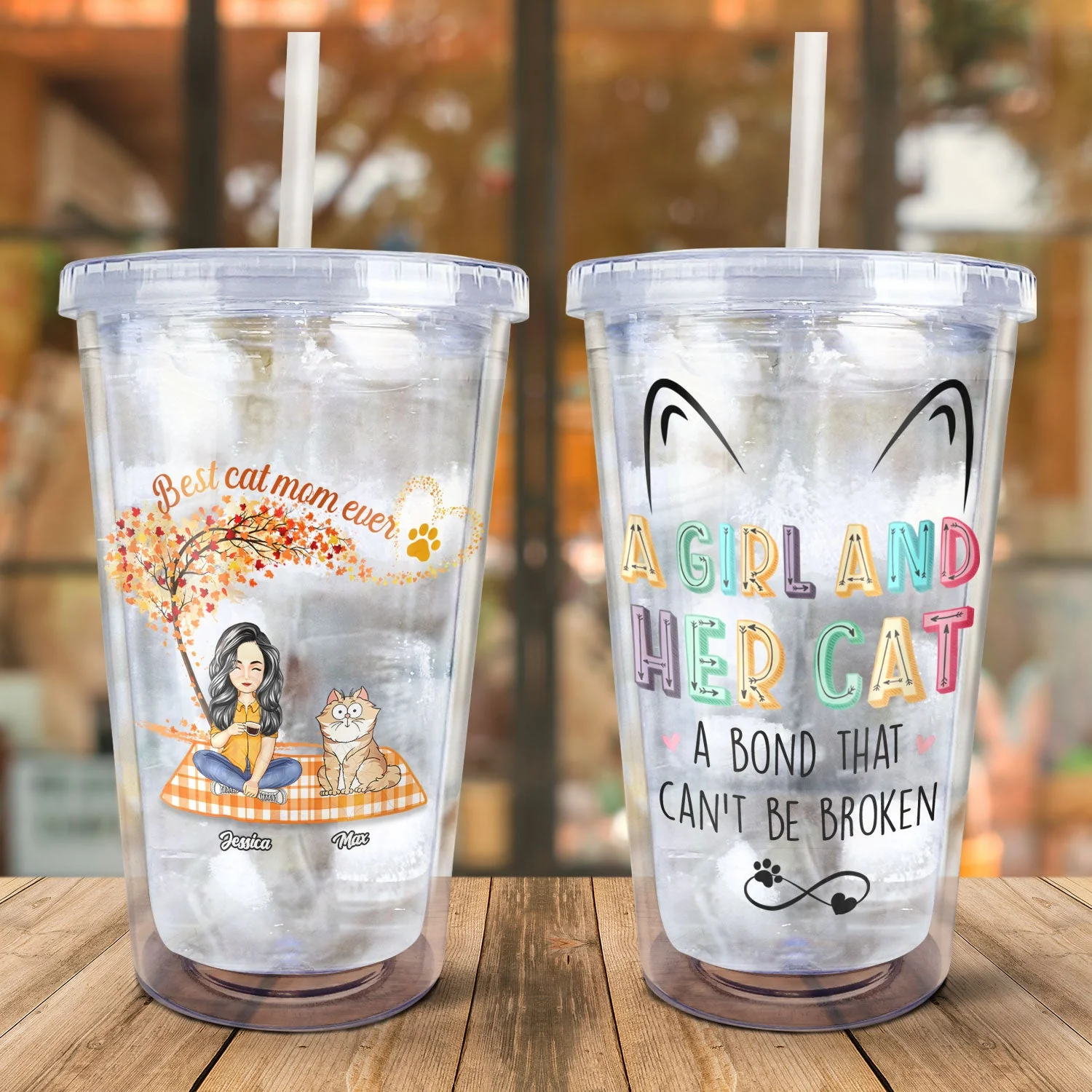 A Girl And Her Cats A Bond That Can't Be Broken - Gift For Cat Lovers - Personalized Acrylic Insulated Tumbler With Straw - Image 2