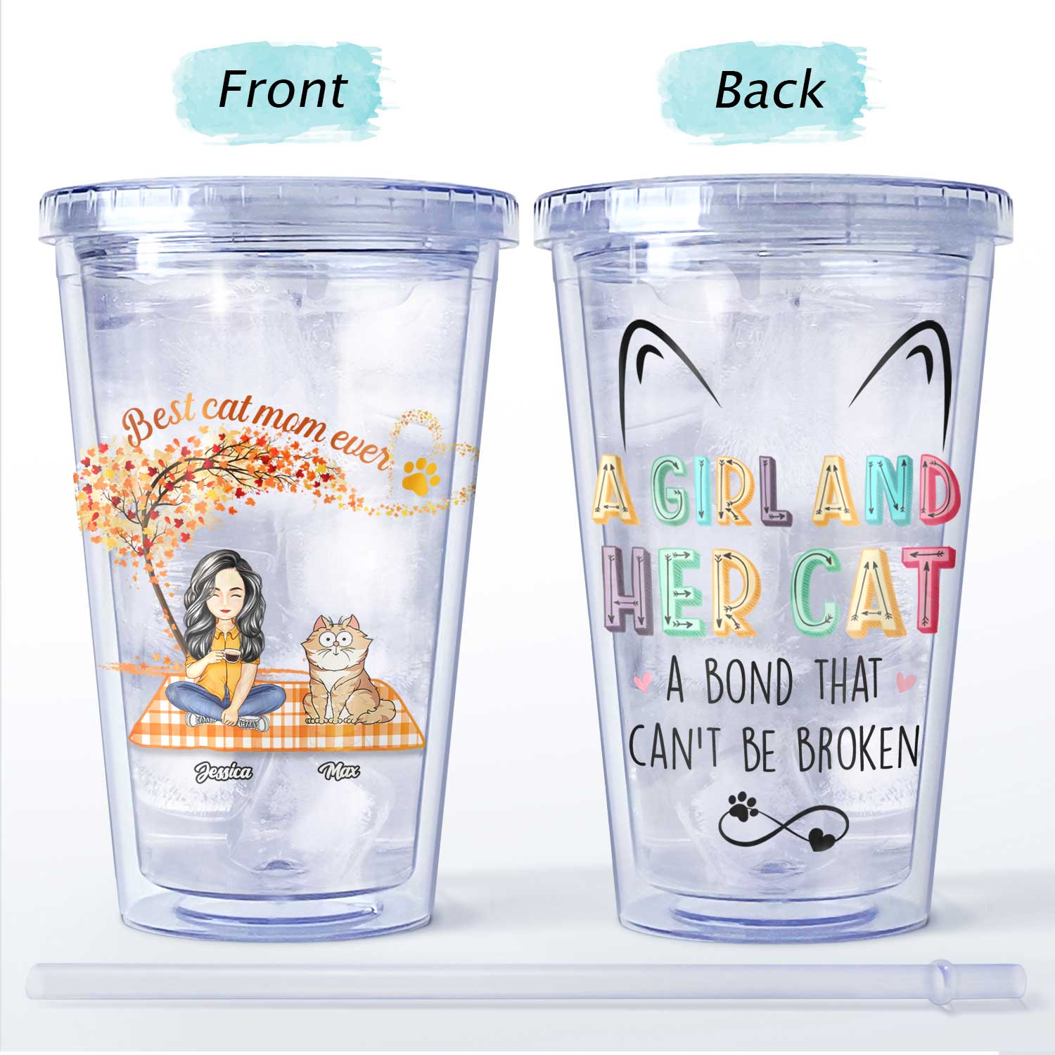 A Girl And Her Cats A Bond That Can't Be Broken - Gift For Cat Lovers - Personalized Acrylic Insulated Tumbler With Straw - Image 4