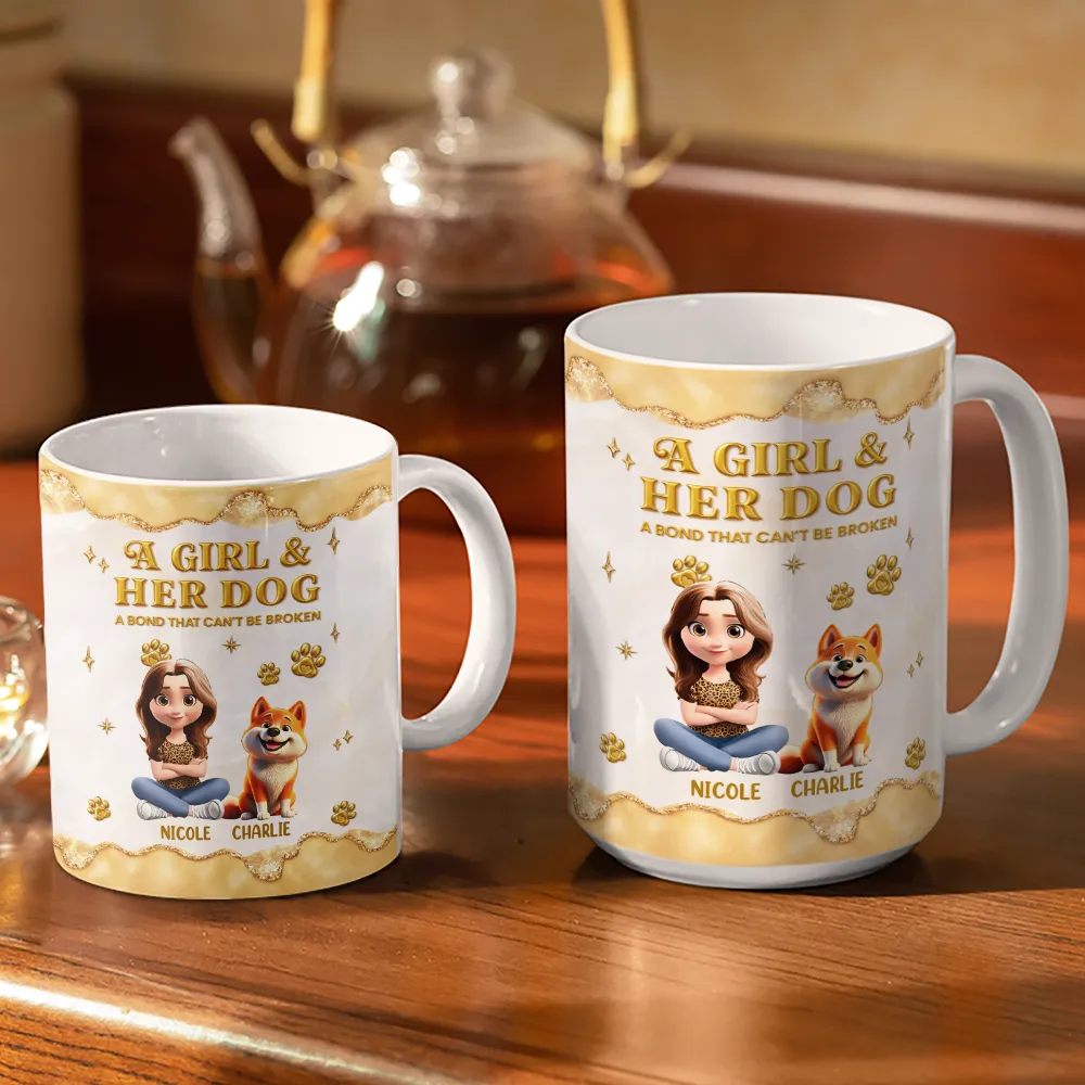 A Girl And Her Dog A Bond Can't Be Broken Gold Effect - Personalized White Edge-to-Edge Mug - Image 3