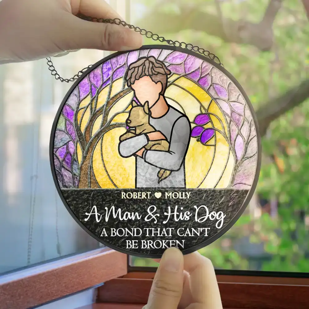 A Girl And Her Dog A Bond That Can't Be Broken Woman Man Hug Pet - Personalized Stained Glass Window Hanging Suncatcher - Image 4