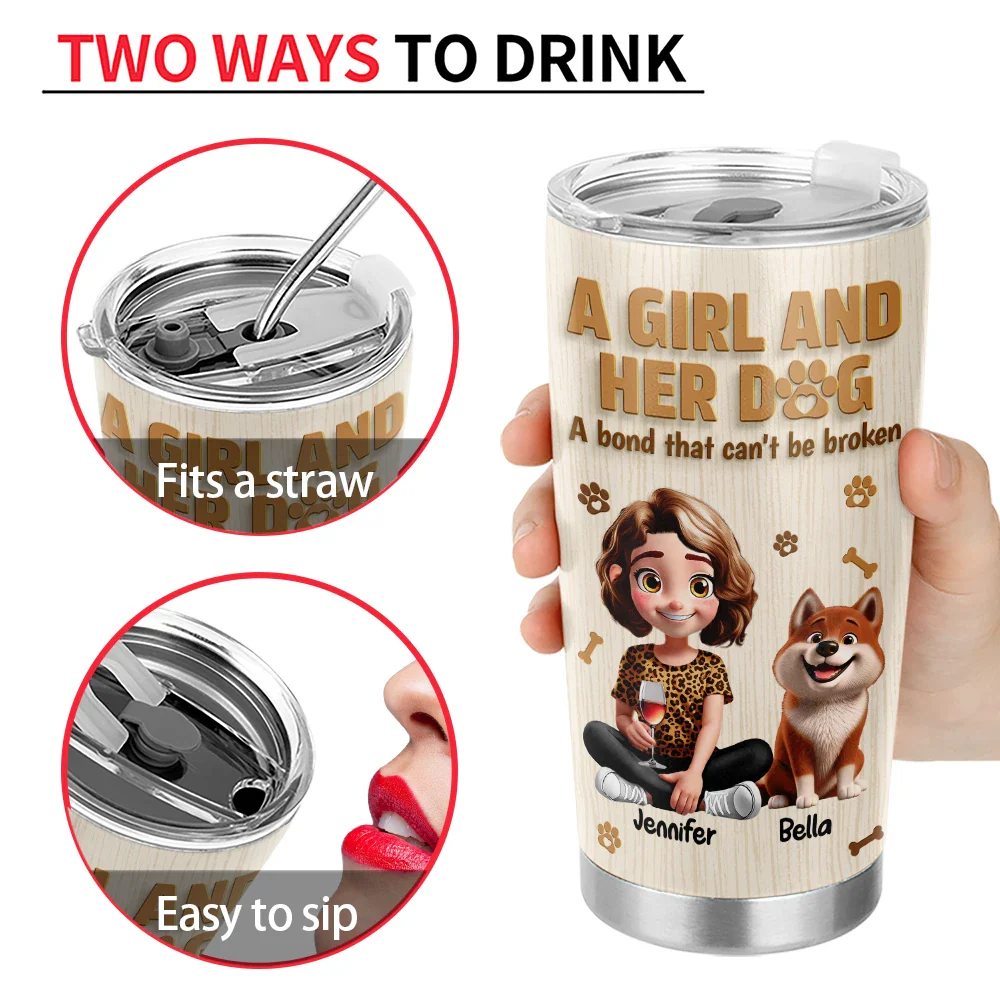 A Girl And Her Dog Wooden 3D Effect - Personalized Tumbler - Image 4