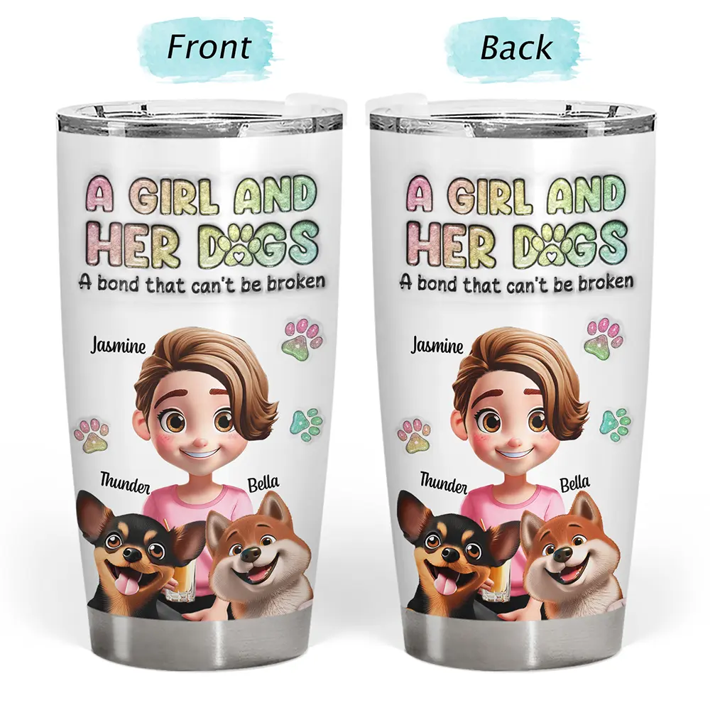 A Girl And Her Dogs 3D Effect - 3D Inflated Effect Printed, Personalized Tumbler - Image 3