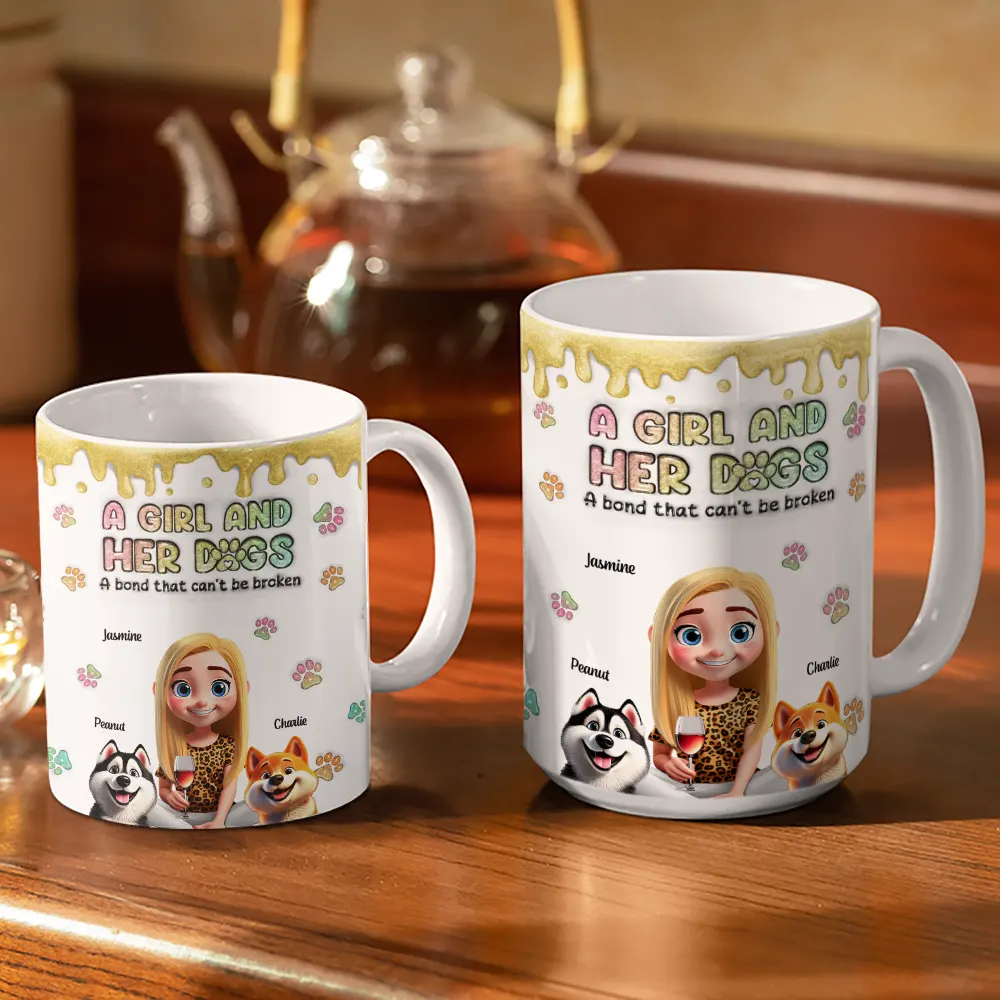 A Girl And Her Dogs 3D Effect Glitter - Personalized White Edge-to-Edge Mug - Image 3